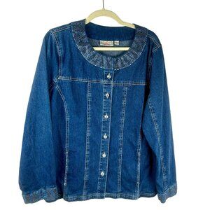 Quacker Factory Sequin Denim Jean Jacket Women Large Blue Studded Rhinestone